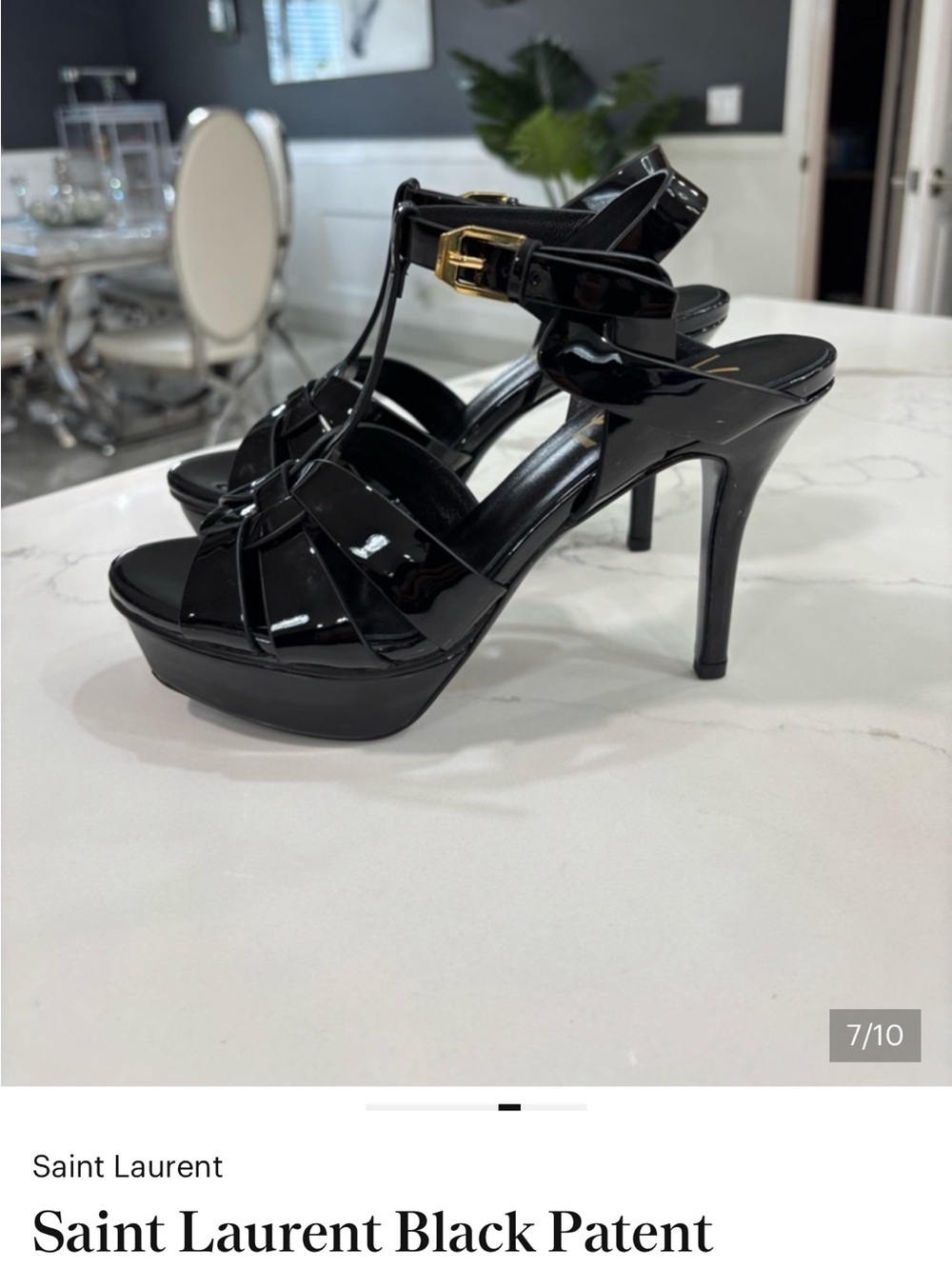 Saint Laurent Black Patent Platform T-Strap Sandals with Gold Buckle
